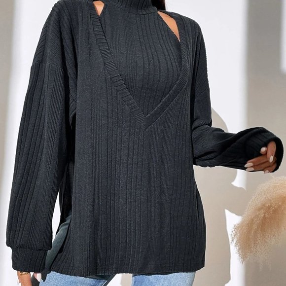 Casual Set Slit Hem Top & Halter Top Dark Grey - Picture 5 of 5